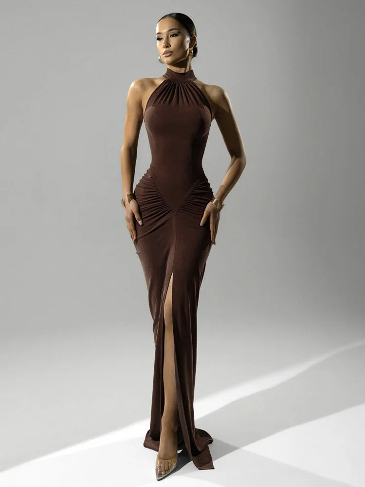 Ruched Halter Split Maxi Dress