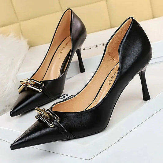 Metal Button Woman Pumps Patent Leather High Heels Sexy Party Shoes Stiletto Heels Luxurious