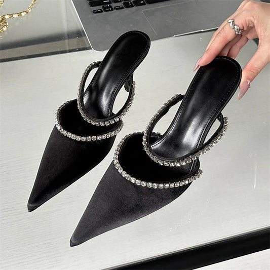 Crystal Thin Heel Pointed Toe Mules Slippers for Women Street Style Fashion
