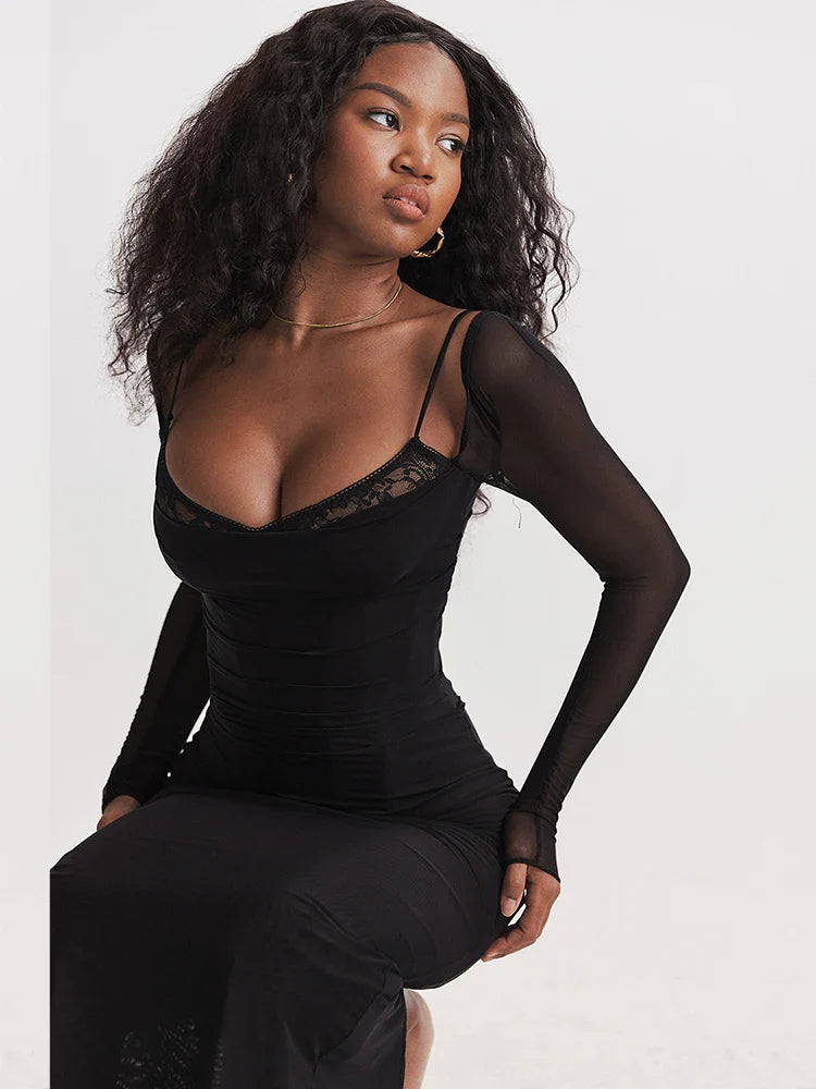 Sheer Mesh Black Strapless Bodycon Dress