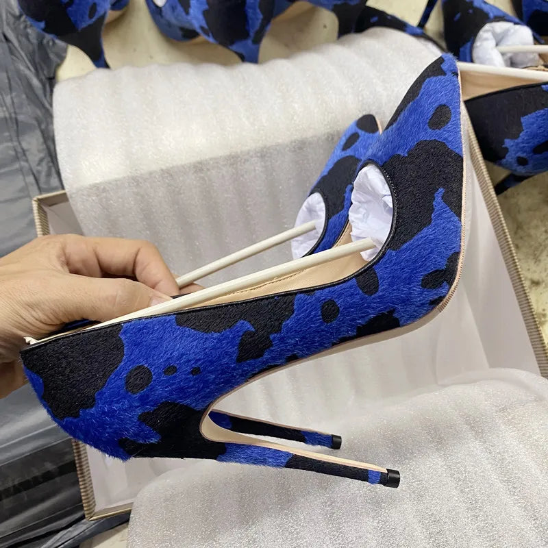 Blue Cow Women Hairy Flock Pointy Toe High Heel Shoes Cow Women High Heel Shoes