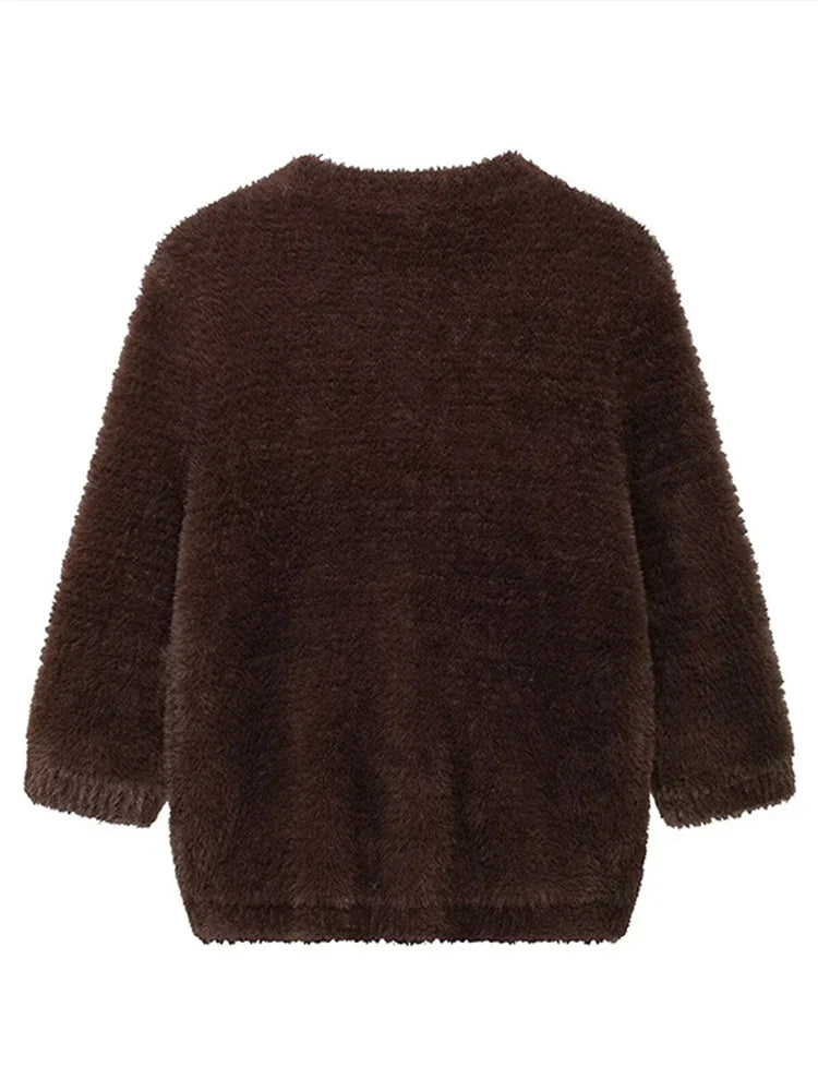 Faux Fur Half Sleeve Cardigans Women Single Breasted O-neck Loose Casual Wine Red Sweater Female Furry Autumn Chic Tops