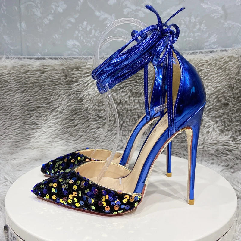 Sequined Pointy Toe High Heel Leg Strap Shoes