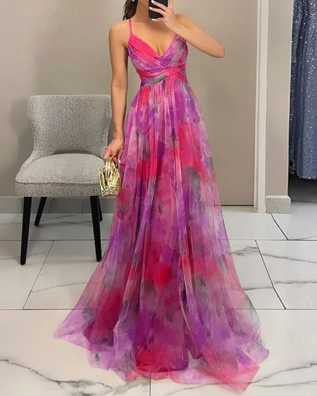 The Giselle — Watercolor Pleated Maxi Dress
