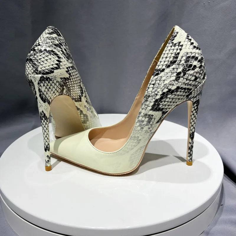 White Snakeskin Pointy Toe High Heel Stiletto Pumps for Women