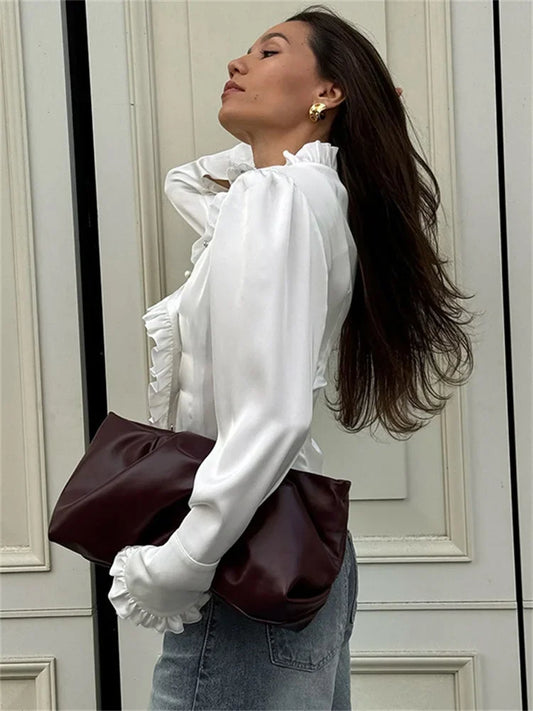 TAIVIMART - White Ruffled Vintage Shirts For Women Patchwork V-Neck Long Sleeve Autumn Elegant Streetwear Female Cardigan Blouses