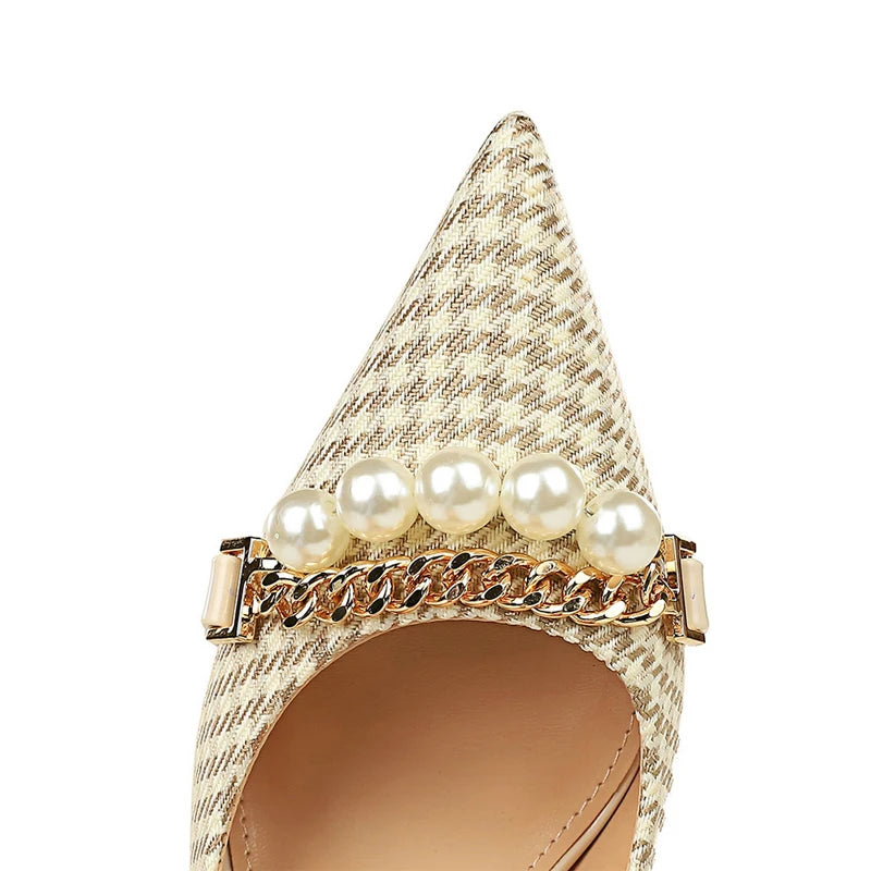Grain Women Pumps with Pearl Chain Design - High Quality High Heels