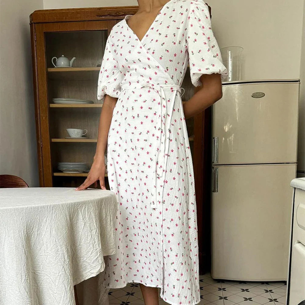 Floral V Neck A Line Slit Midi Dress