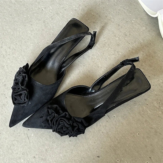 Flower Pointed Toe Women Pumps with Buckle Strap Slingback Sandals