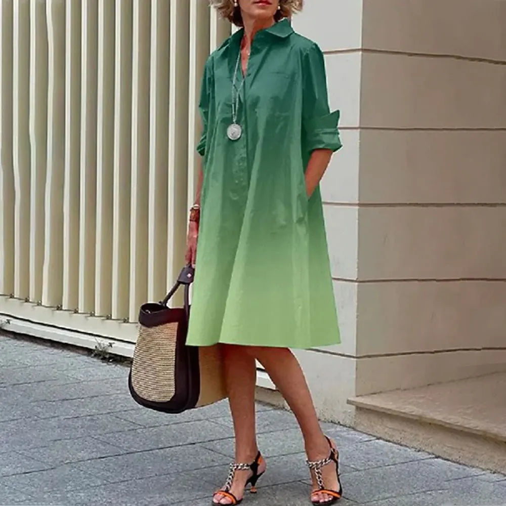 Collared Long Sleeve Button Down Patch Pocket Midi Shirt Dress