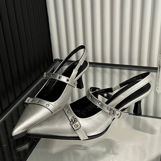 Women's Fashion Metal Buckle Pointed Toe Low Thin Heeled Sandal for Spring and Autumn