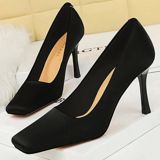 Spring Women Pumps Silks Satins High Heels 8.5 Cm