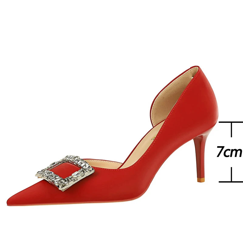 7 cm Heels Metal Buckle Women Pumps in Silks and Satins with Kitten Heels