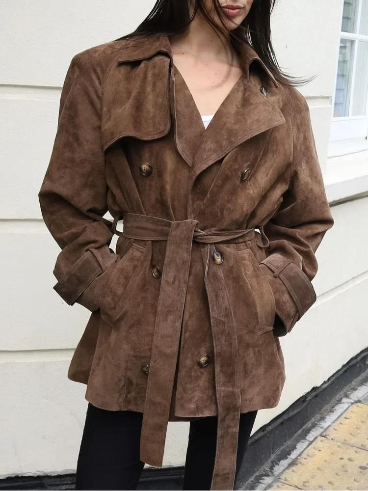 Autumn Fashion Lace Up Lapel Collar Suede Jacket Women Retro Double Breasted Long Sleeve Coat Lady Vintage Chic Windbreaker