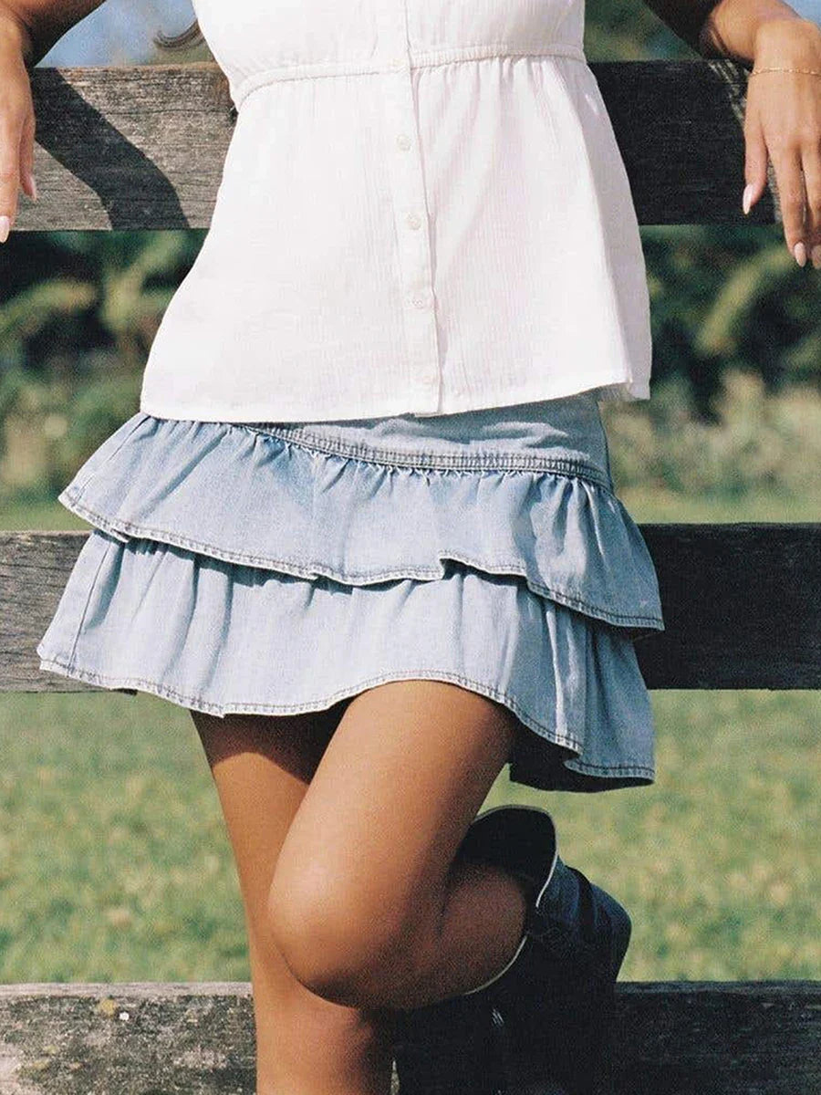 Denim Wash Ruffle A-line Mini Skirt