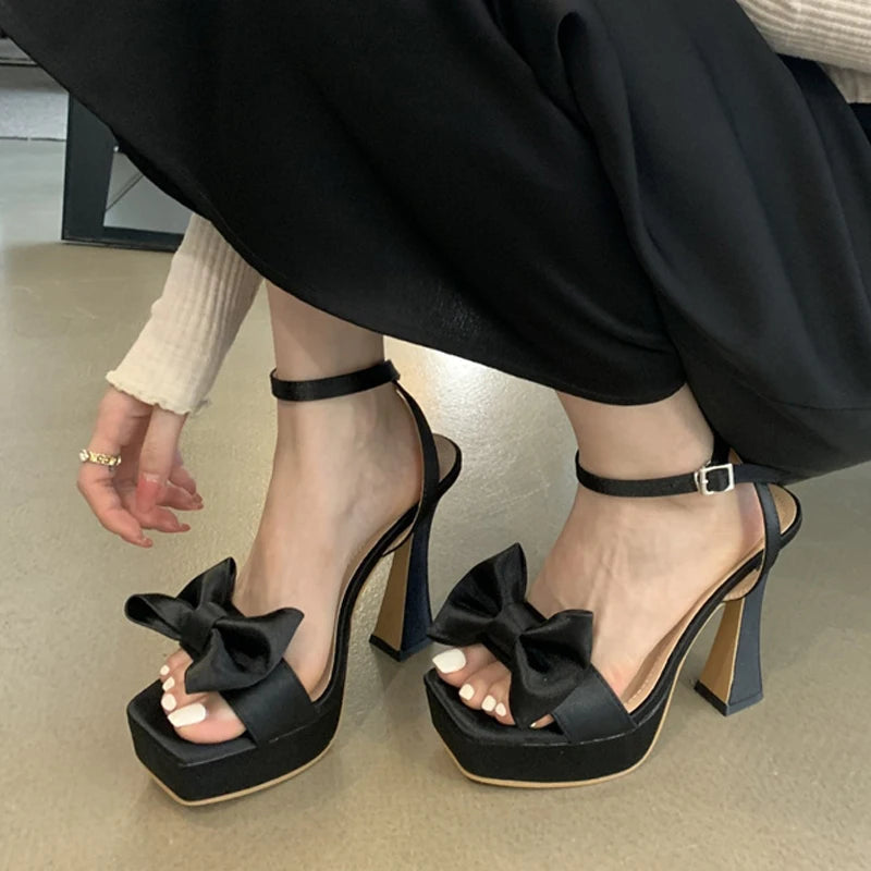 Pink Silk Bowknot Square Open Toe Super High Heels Sexy Sandals