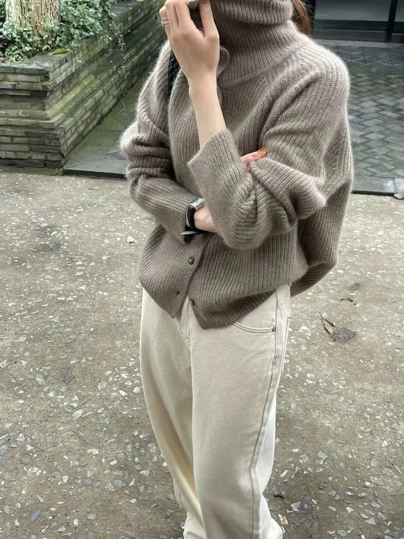 Turtleneck Thick Wool Knit Cardigan