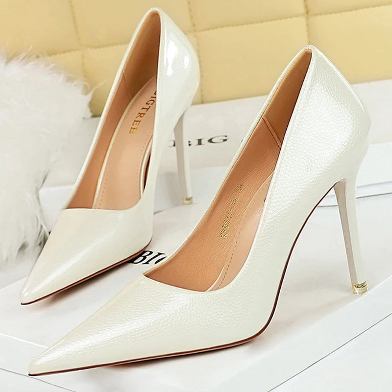 Crystal Patent Leather Women Pumps Pointed High Heels Stilettos Kitten Heels