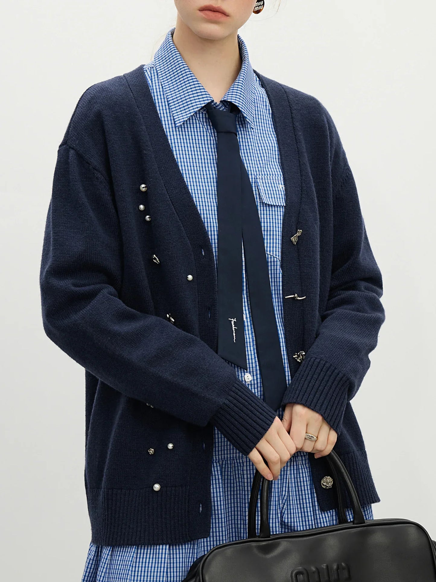 Wool Navy V-neck Beaded Knit Cardigan