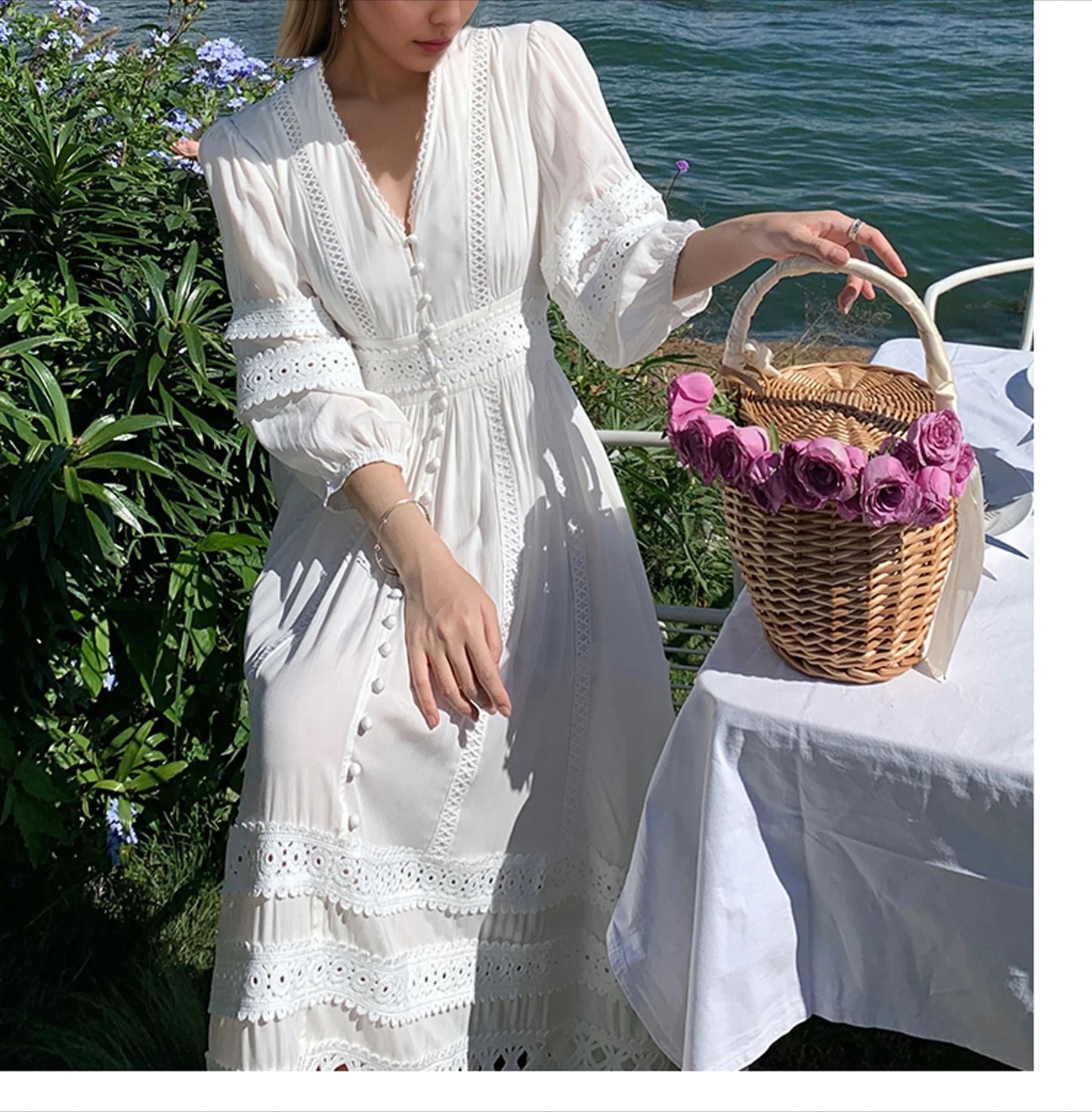 Vintage V-neck Cotton Floral Lace Boho Dress