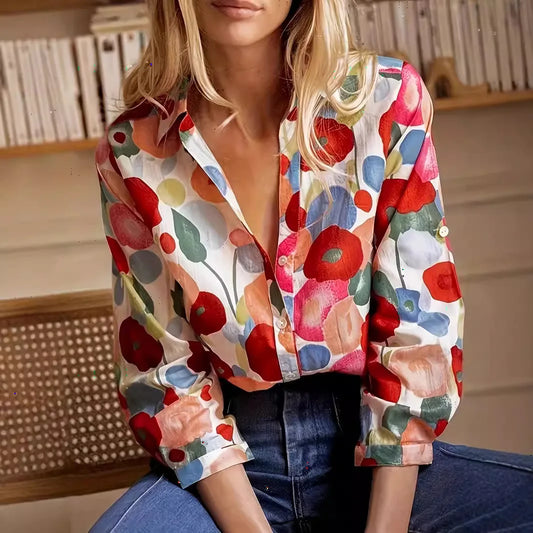 Simple Cartoon Floral Print Plus Size Blouse