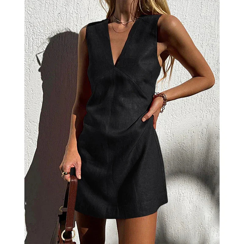 | Linen V-Neck Sleeveless Mini Dress