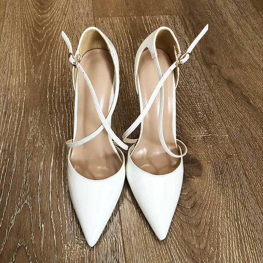 White Glossy Patent Cross Strap Stiletto Pumps for Women