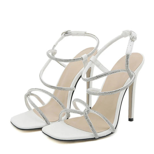 Crystal Narrow Band Open Toe High Heels with Buckle Strap