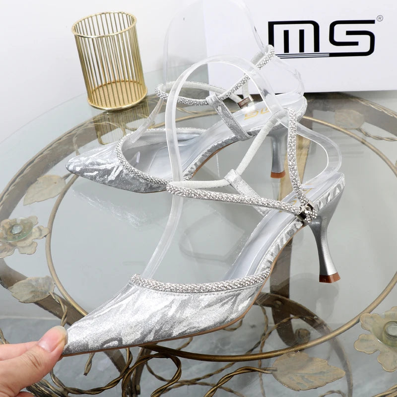 Rhinestone drill T-belt high-heeled sandals for women