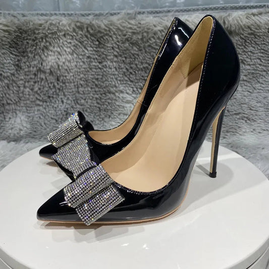 Black Patent Pointy Toe High Heel Shoes with Glitter Diamante Bow for Women