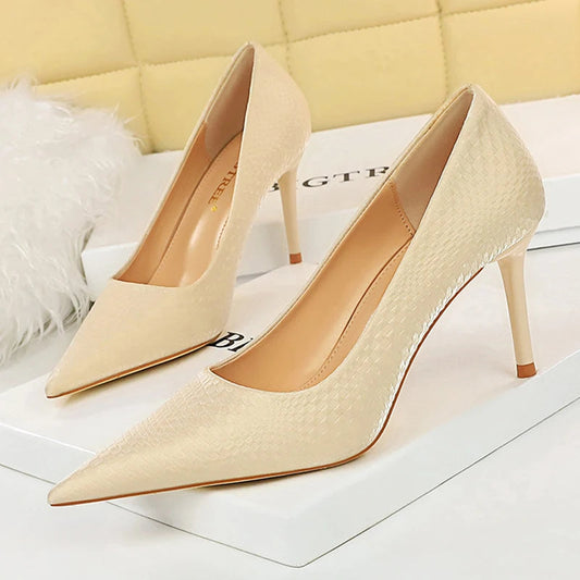 Embossed Satin High-heeled Shoes Women Pumps with Kitten Heels
