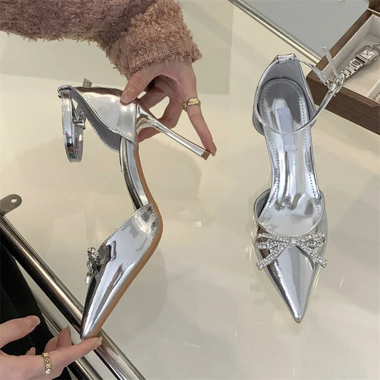 Crystal Butterfly-knot Pointed Toe Buckle Strap Women Pumps Sandals with Thin High Heels