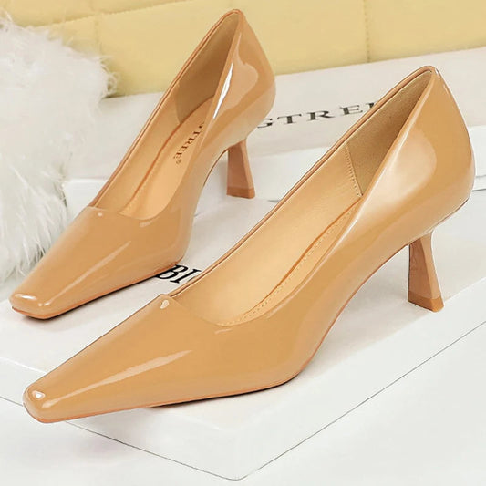 Patent Leather Kitten Heels Square Head Woman Pumps Occupational OL High Heels
