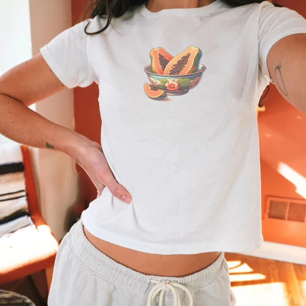 Cherry Fruit Print Crop Fit T-shirt