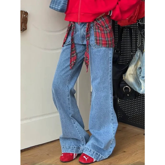 TAIVIMART - Y2K Blue Jeans For Women High Quality High Waist American Street Wide Leg Pants Hip Hop Vintage Straight Autumn Trousers