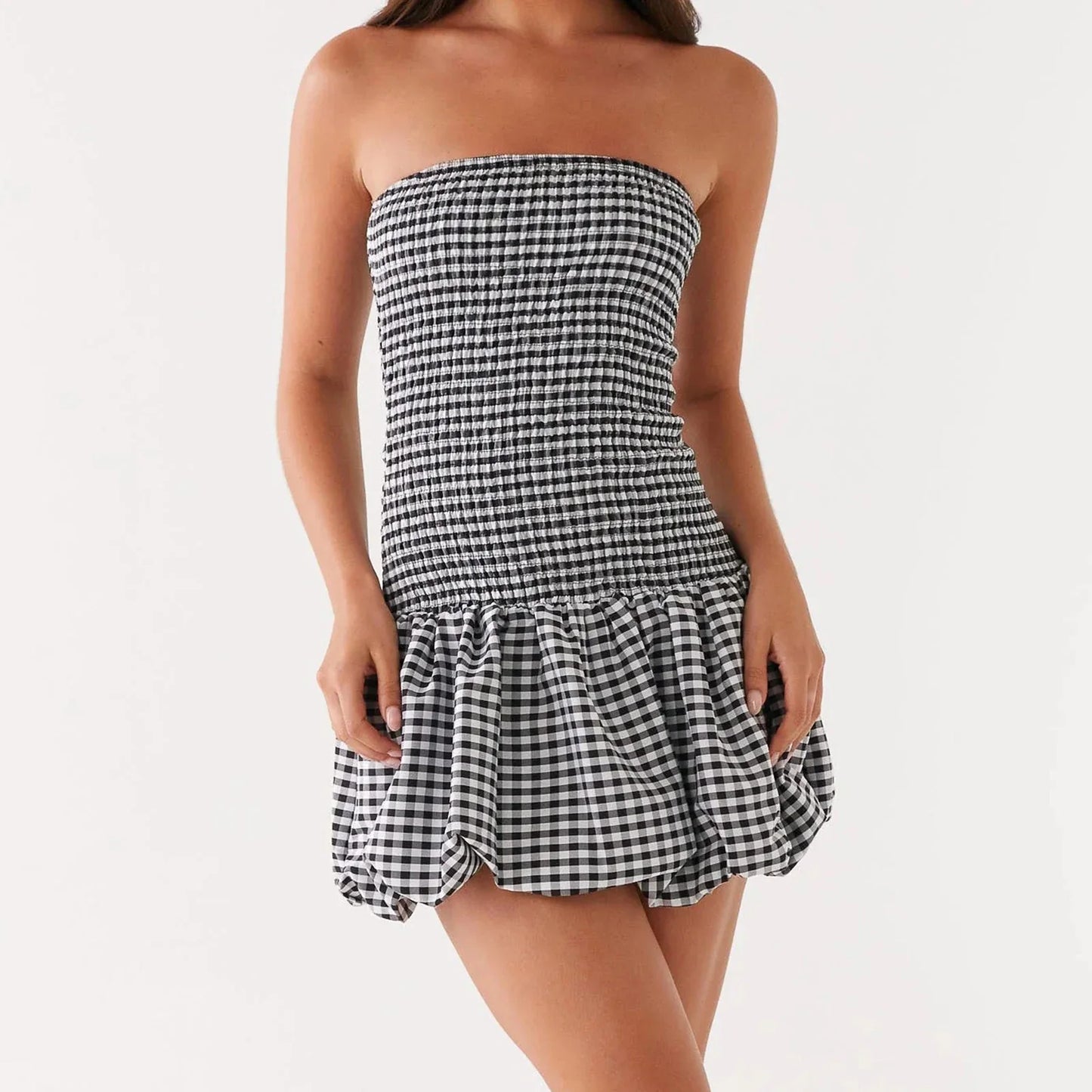 Plaid Gingham Strapless Mini Bodycon Dress