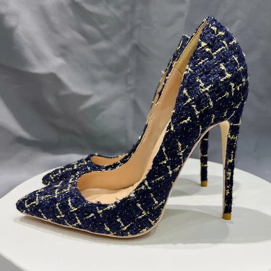 Navy Blue Plaid Pointy Toe High Heel Stiletto Pumps for Women