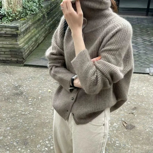 Turtleneck Thick Wool Knit Cardigan