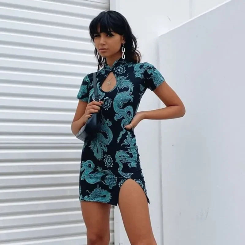 Vintage Front Hole High Sp Bodycon Dress
