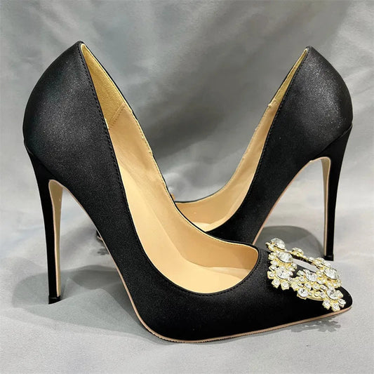 Black Satin Pointy Toe High Heel Shoes with Glitter Diamante Square Detail