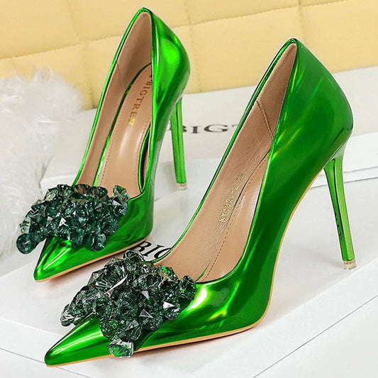 Crystal Bow High Heels Patent Leather Women Pumps Luxury Ladies Shoes
