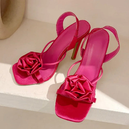 Satin Flower Square Toe Women Sandals