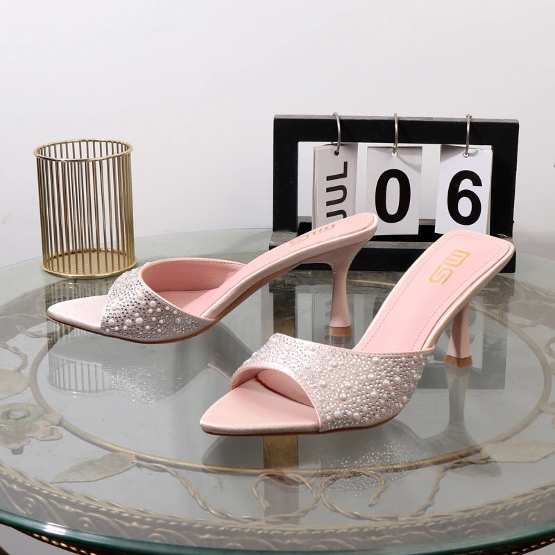 High heeled fishmouth slippers with rhinestones for summer