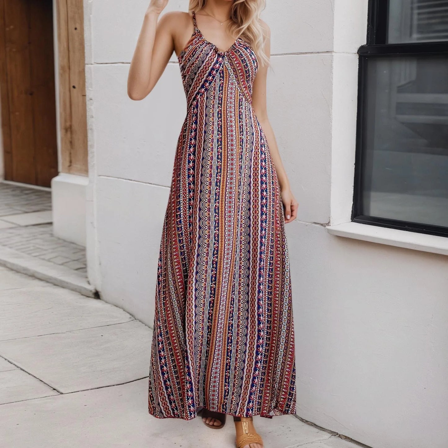 Striped Sleeveless Side Slit Rainbow Boho Dress