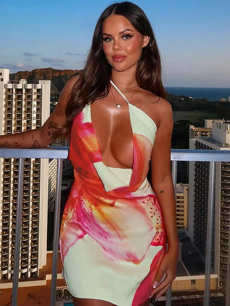 One Shoulder Hollow Out Ruched Sleeveless Vacation Dress