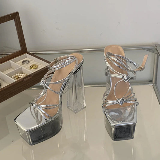 Summer 14.5CM Clear Square High Heels Stripper Sandal for Women