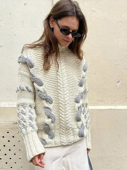 Elegant Turtleneck Women's Sweater Contrast Twist Knitted Pullovers Crocheted Knitwear Long Sleeved Top 2024 Autumn Loose Jumper