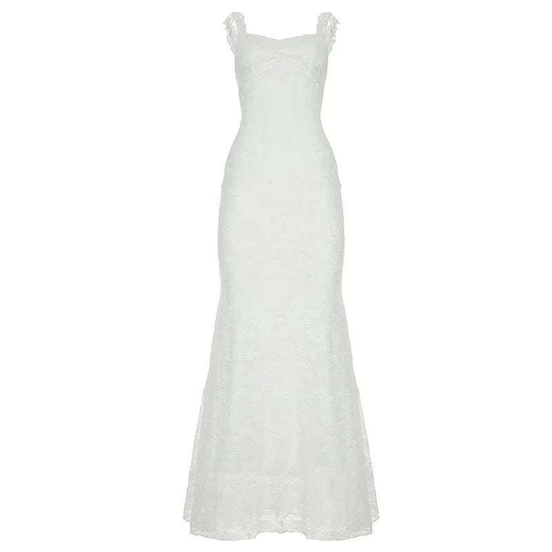 Off Shoulder Lace Ruffle Sleeve Fishtail Lace Maxi Dress