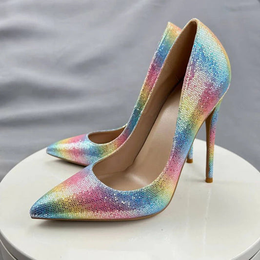 Colorful Rainbow Stiletto Pumps Women Sexy Pointed Toe 12cm High Heels