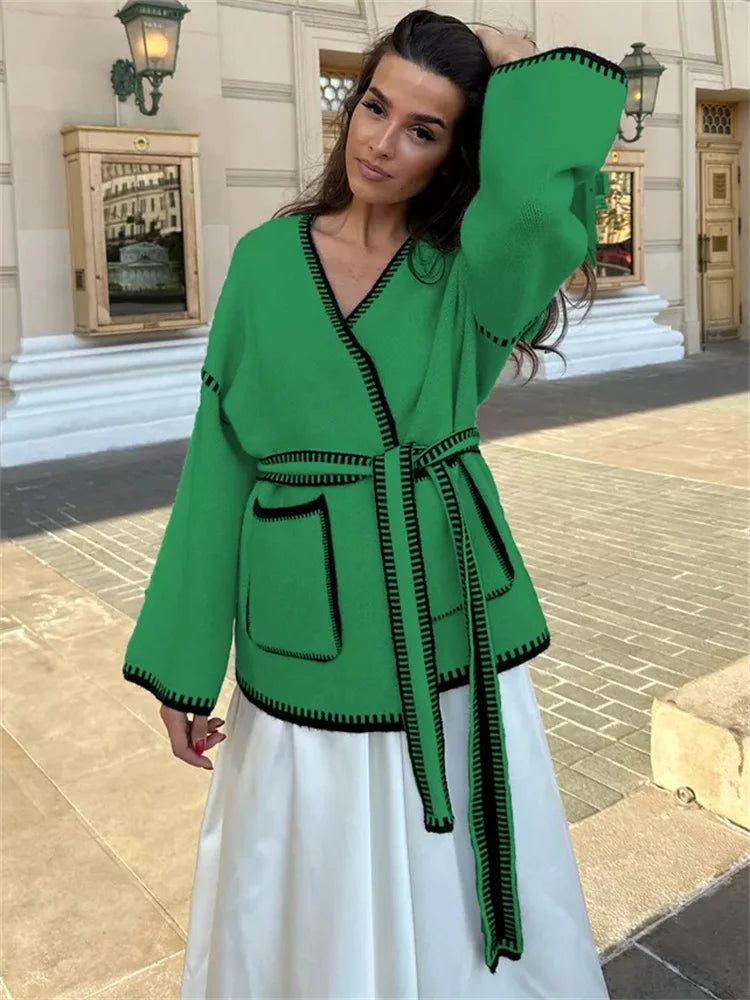 Lace-Up Patchwork Knit Coat